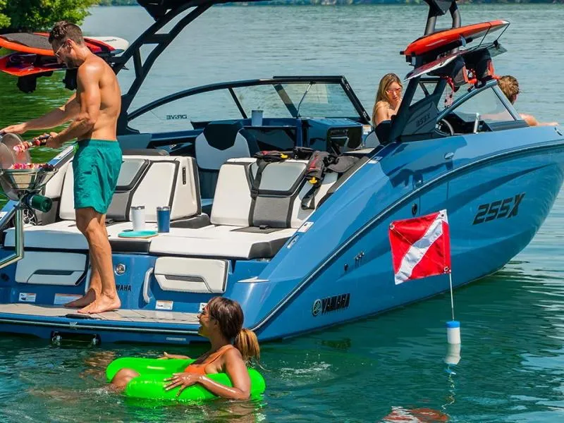 Guests enjoying a sandbar day on the Yamaha 255XE